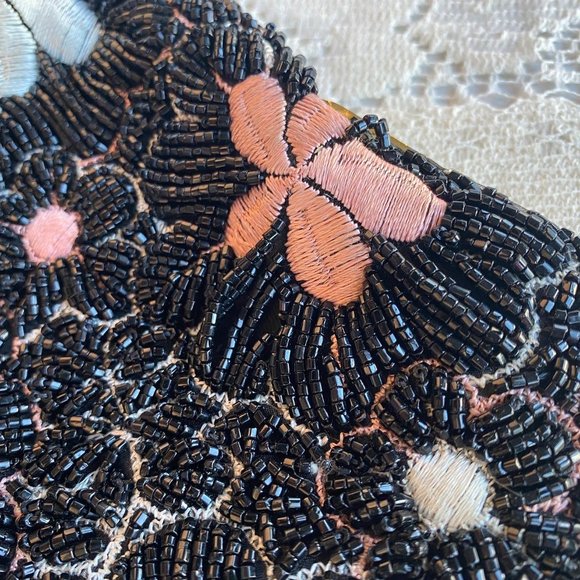 Vintage Black Beaded with Floral Pink and White Embroidery Purse w/ Chain Strap - Picture 4 of 7